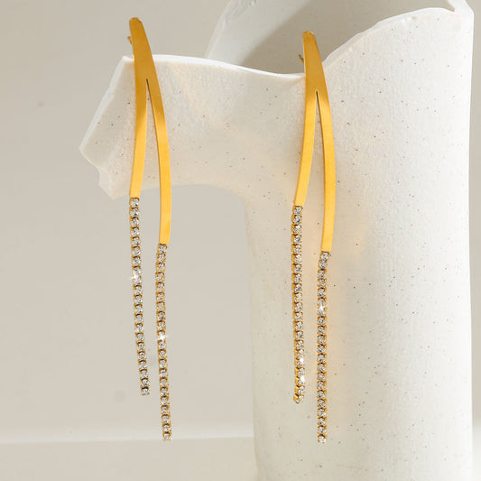 18K Real Gold Long Tassel Zircon Earrings