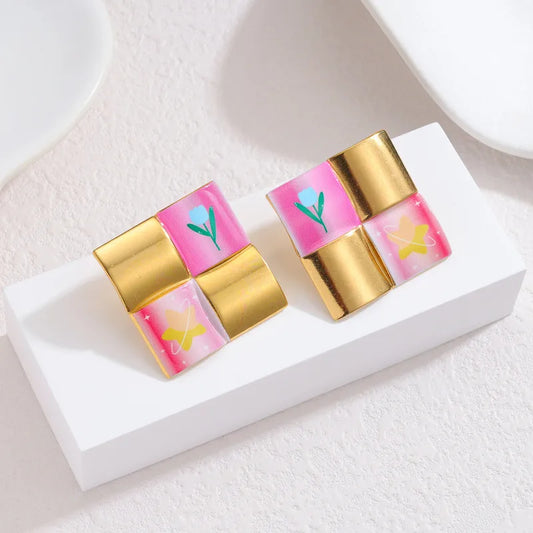 Geometric Square Color Block Pink Earrings
