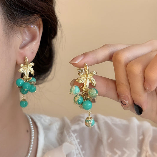 Green Beaded Leaf Earring