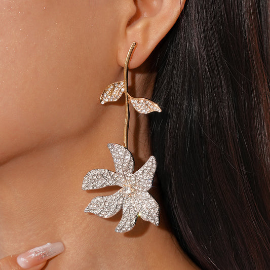 Floral Diamond Embedded Metal Earrings