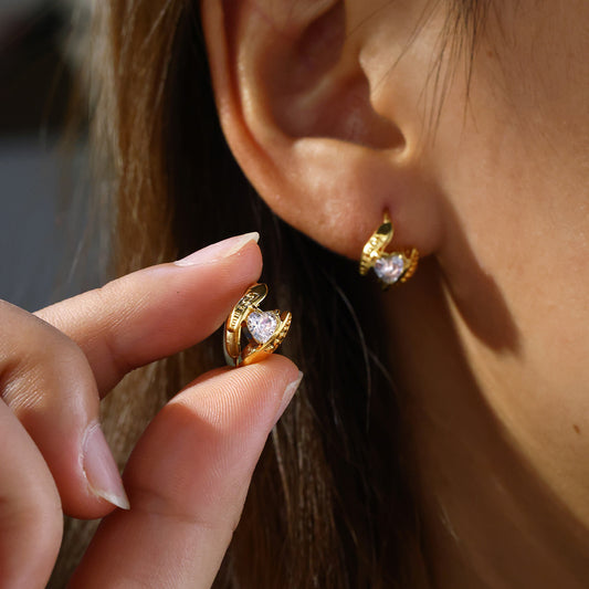 18K Real Gold Geometric Heart-shaped Rhinestone Earrings
