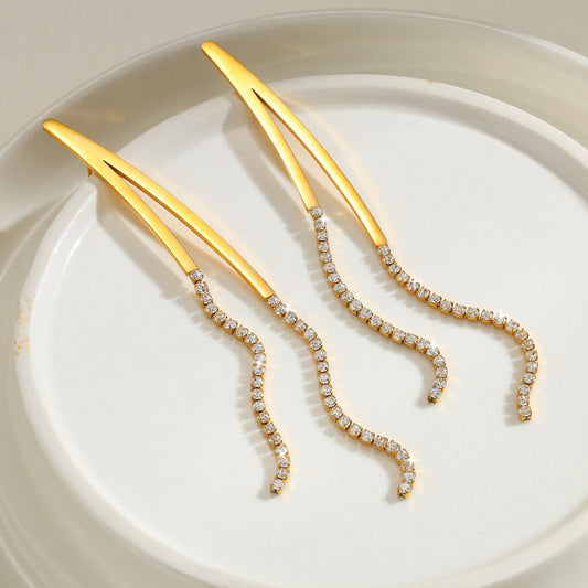 18K Real Gold Long Tassel Zircon Earrings