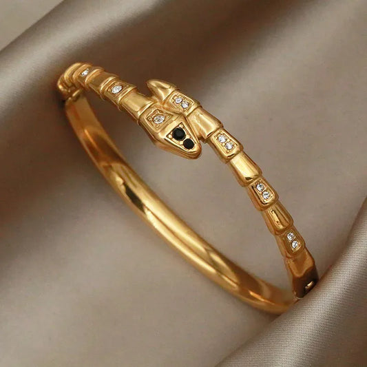 304 Stainless Steel Jaguar Snake Ion Plating (IP) Zircon Real Gold Plated Bangle