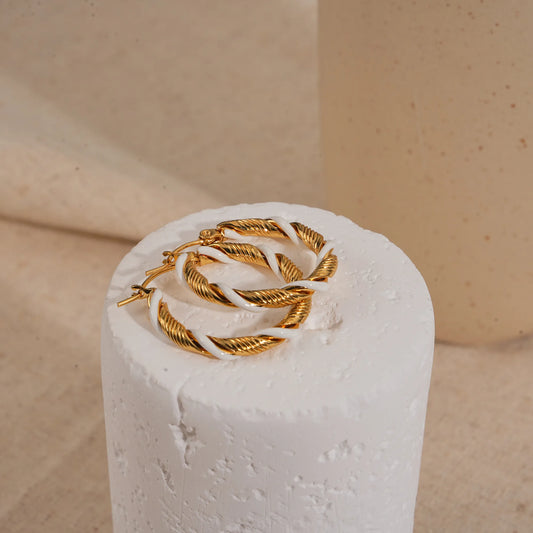 White and Gold plated Stainless Steel Spiral Hoop Earrings